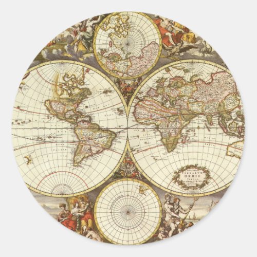 Antique Old World Map by Frederick de Wit c 1680 Classic Round Sticker