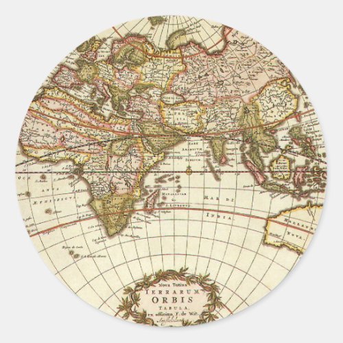 Antique Old World Map by Frederick de Wit c 1680 Classic Round Sticker