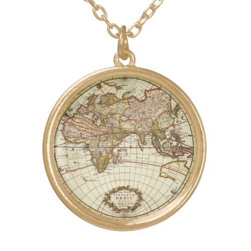 Antique Old World Map by Frederick de Wit c 1680 Gold Plated Necklace