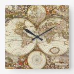 Antique Old World Map by Frederick de Wit, c. 1680 Square Wall Clock