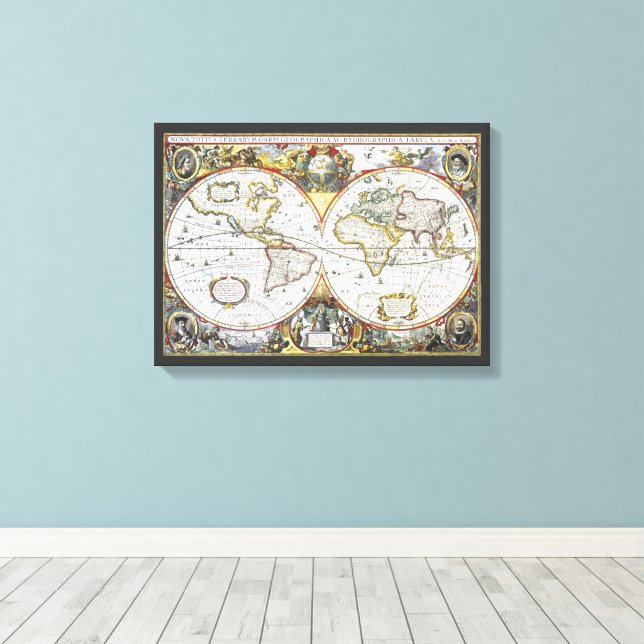 Antique Old World Map by Hendrik Hondius, 1630 Canvas Print (Insitu(Wood Floor))