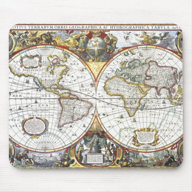 Antique Old World Map by Hendrik Hondius, 1630 Mouse Pad (Front)