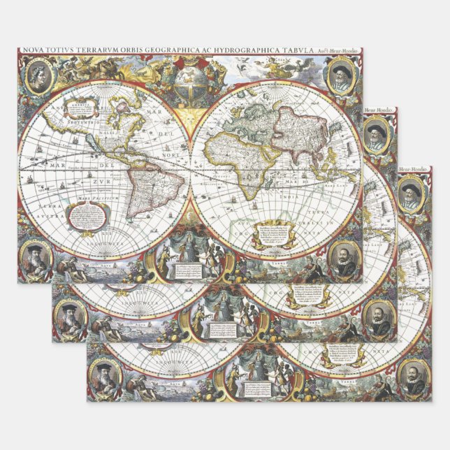 Antique Old World Map by Hendrik Hondius, 1630 Wrapping Paper Sheets (Set)