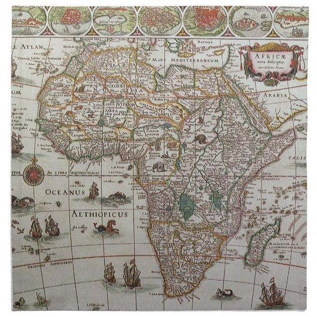 Antique Old World Map of Africa by Blaeu, c.1635 Cloth Napkin (Front)