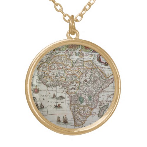 Antique Old World Map of Africa by Blaeu c1635 Gold Plated Necklace