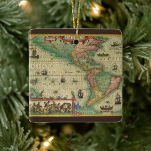 Antique Old World Map of the Americas by Hondius Ceramic Ornament