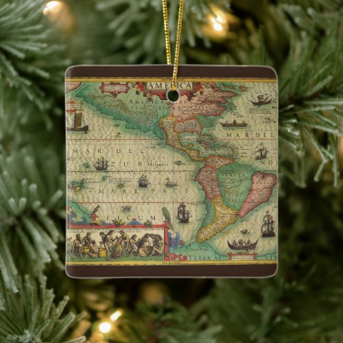 Antique Old World Map of the Americas by Hondius Ceramic Ornament