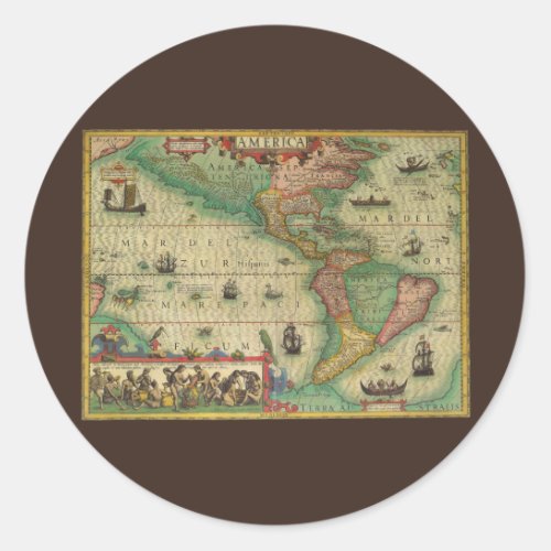 Antique Old World Map of the Americas by Hondius Classic Round Sticker