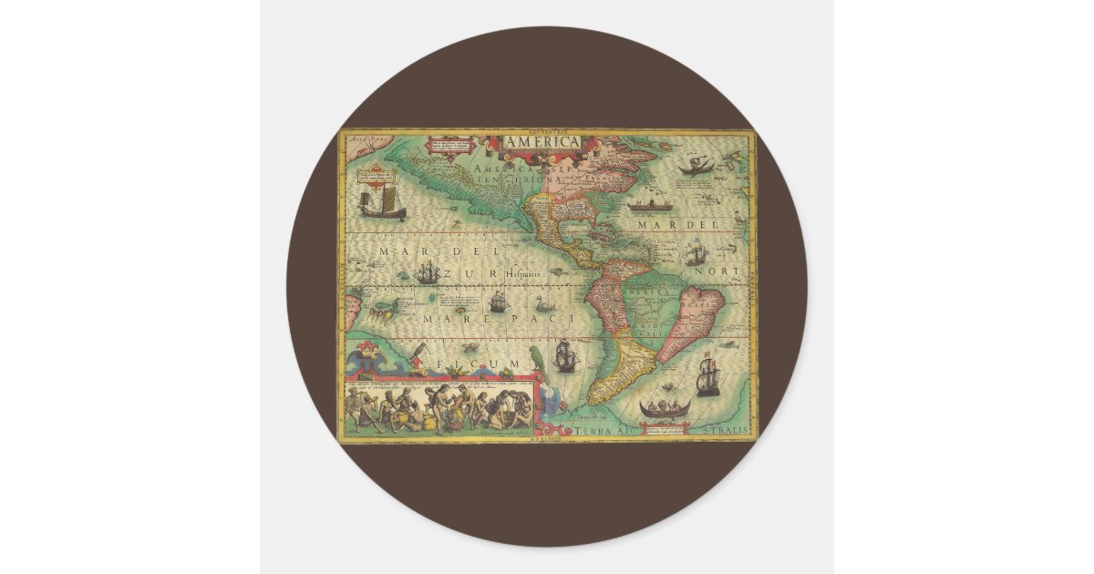 Antique Old World Map of the Americas by Hondius Classic Round Sticker ...