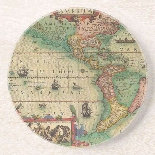 Antique Old World Map of the Americas by Hondius Drink Coaster (Front)