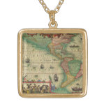 Antique Old World Map of the Americas by Hondius Gold Plated Necklace
