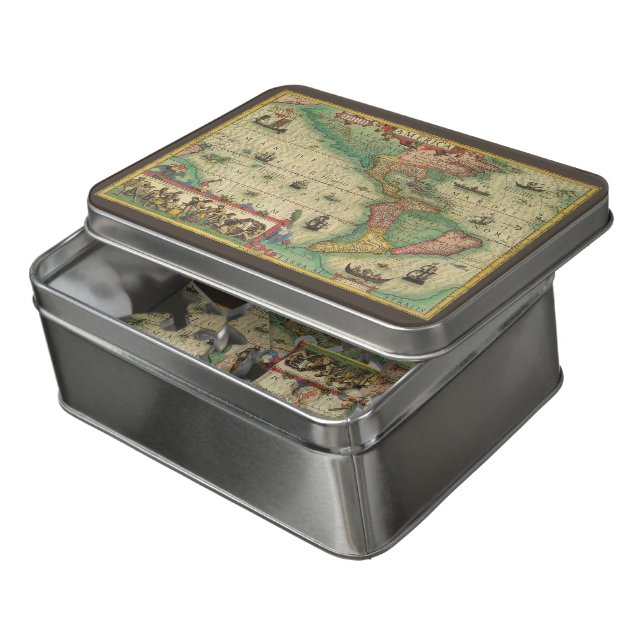 Antique Old World Map of the Americas by Hondius Jigsaw Puzzle (Lid Open)