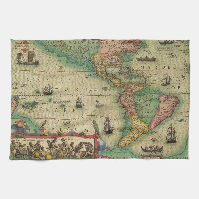 Antique Old World Map of the Americas by Hondius Kitchen Towel (Horizontal)