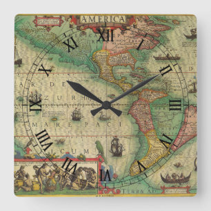 Antique Old World Map of the Americas by Hondius Square Wall Clock