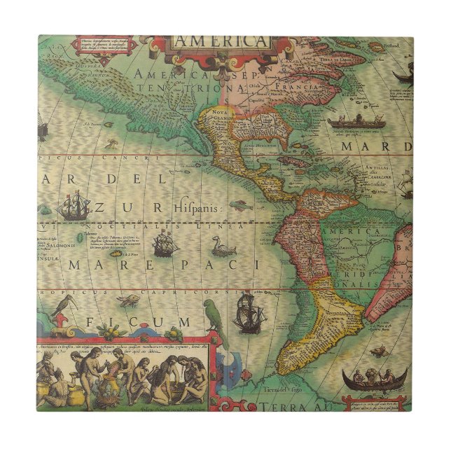Antique Old World Map of the Americas by Hondius Tile (Front)