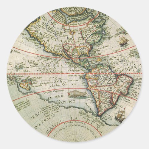 Antique Old World Map the Americas Theodor de Bry Classic Round Sticker