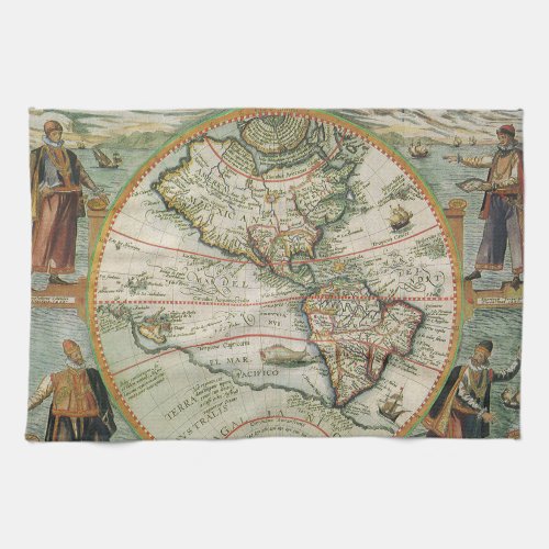 Antique Old World Map the Americas Theodor de Bry Kitchen Towel