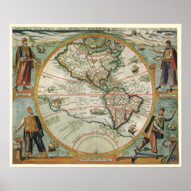 Antique Old World Map the Americas, Theodor de Bry Poster (Front)