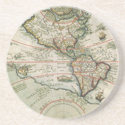 Antique Old World Map the Americas Theodor de Bry Sandstone Coaster