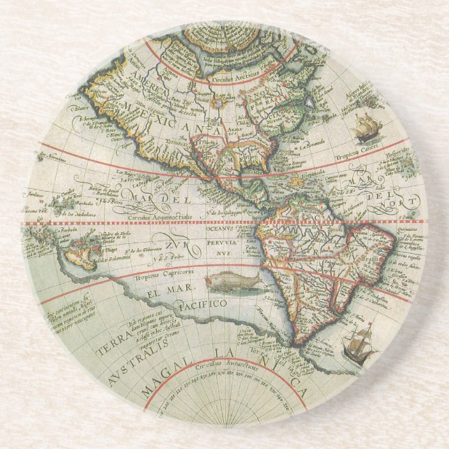 Antique Old World Map the Americas, Theodor de Bry Sandstone Coaster (Front)
