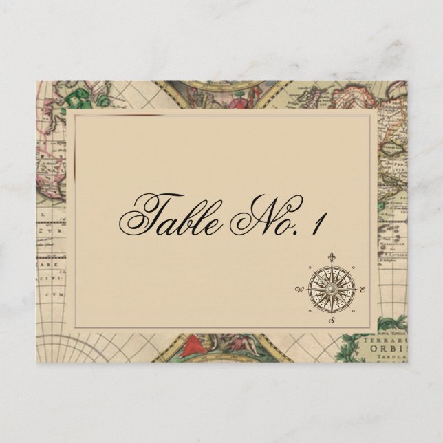 Antique Old World Map Wedding Table Number (Front)