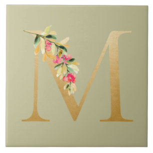 Antique olive background faux golden M floral Ceramic Tile