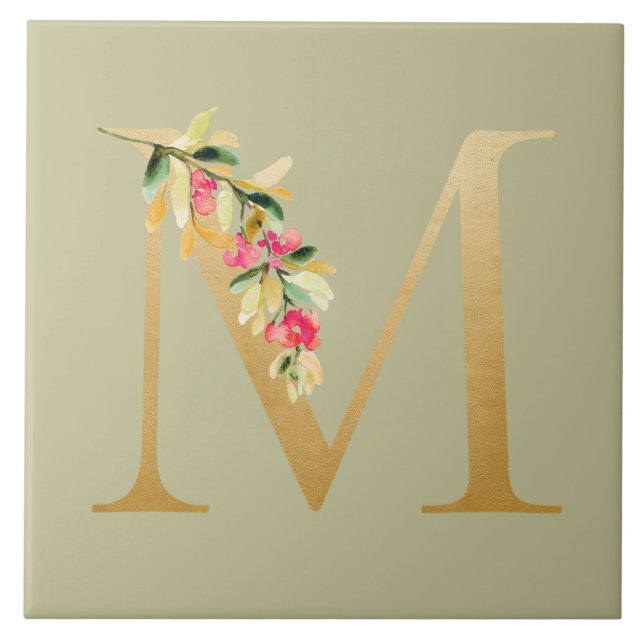 Antique olive background faux golden M floral Ceramic Tile (Front)