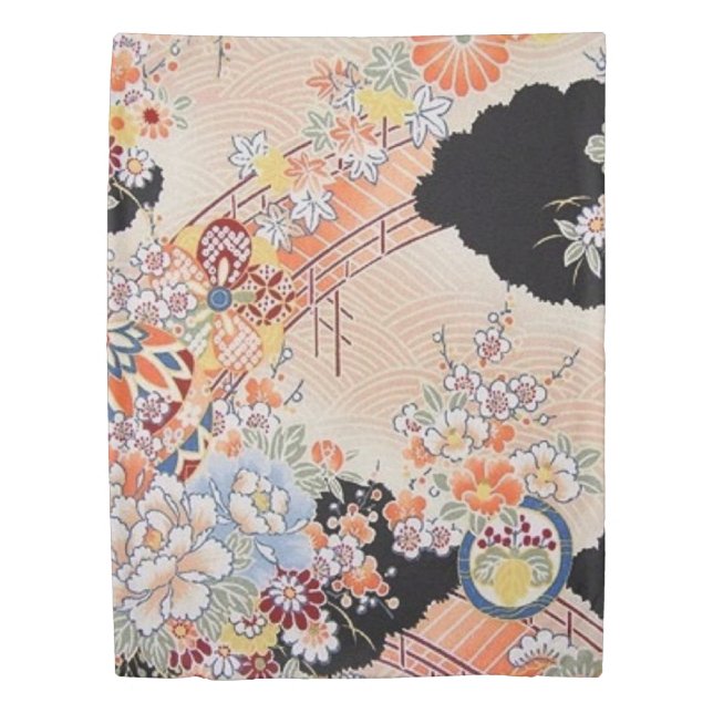 Antique Orange Black Japanese Kimono Floral Flower Duvet Cover (Front)