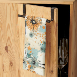 Antique Orange Blue Botanical Floral Cream Kitchen Towel