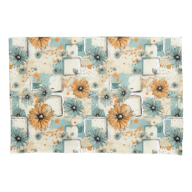 Antique Orange Blue Botanical Floral Cream Pillow Case (Front-Left)