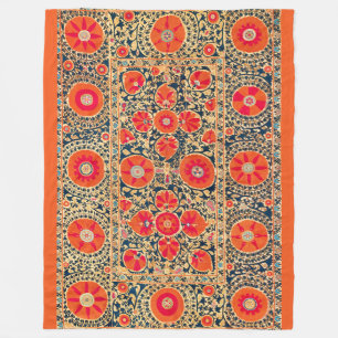 ANTIQUE ORANGE RED WHITE FLORAL UZBEK EMBROIDERY FLEECE BLANKET