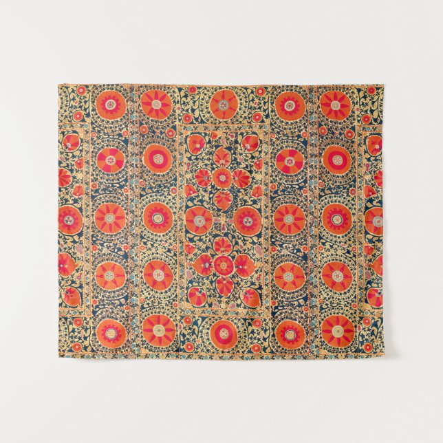 ANTIQUE ORANGE RED WHITE FLORAL UZBEK EMBROIDERY  TAPESTRY (Front (Horizontal))