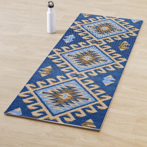 Antique Oriental Blue Beige Turkish Kilim Rug Yoga Mat