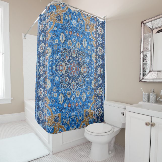 Antique Oriental Blue Persian Turkish Carpet Shower Curtain (In Situ)