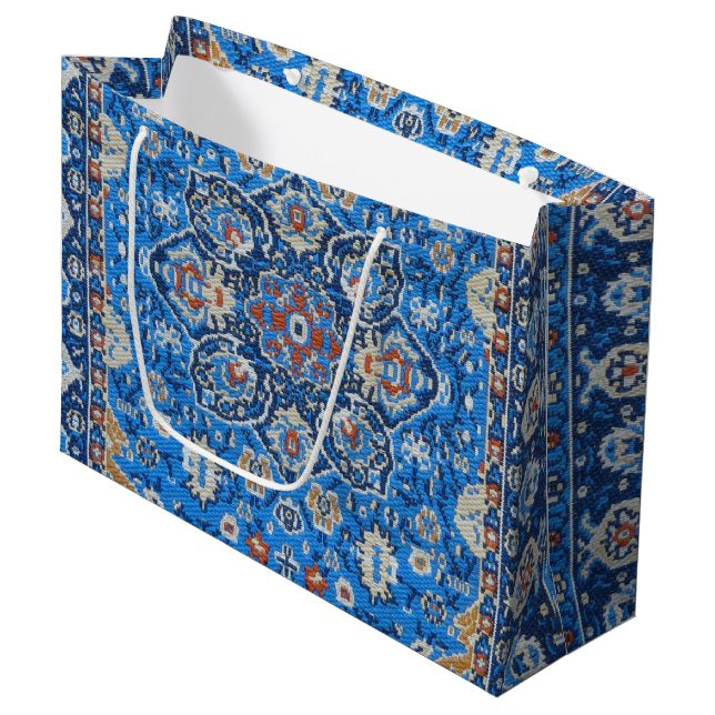 Antique Oriental Blue Turkish Persian Carpet Large Gift Bag (Front Angled)