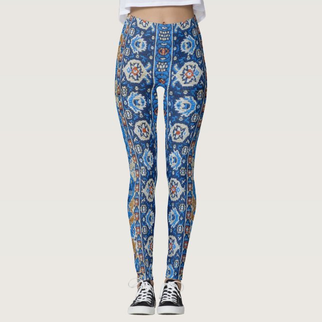 Antique Oriental Blue Turkish Persian Carpet Rug Leggings (Front)