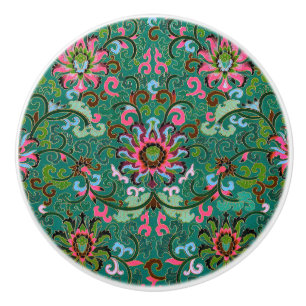 Antique oriental floral green pink chinoiserie ceramic knob