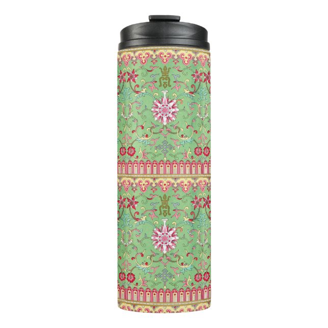 Antique oriental floral pattern pink green yellow thermal tumbler (Front)