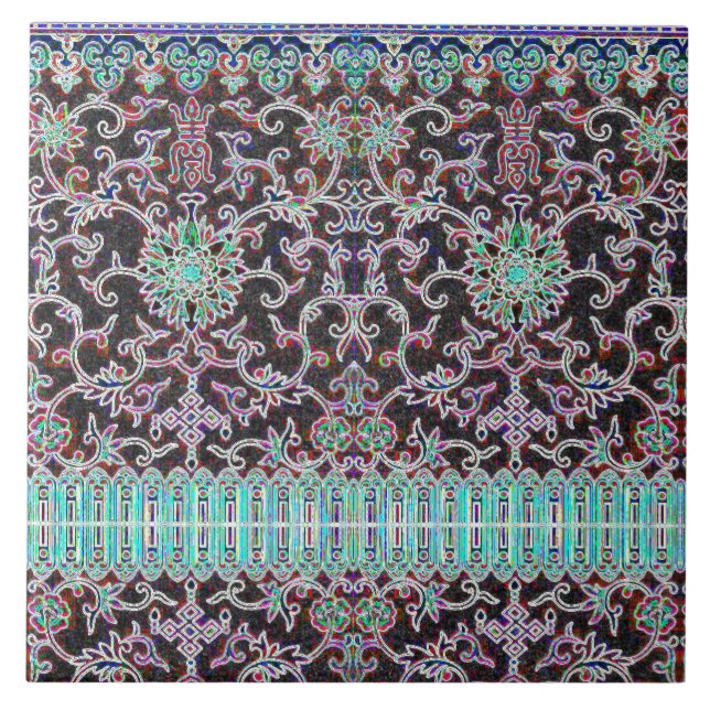 Antique oriental floral pattern purple teal ceramic tile (Front)