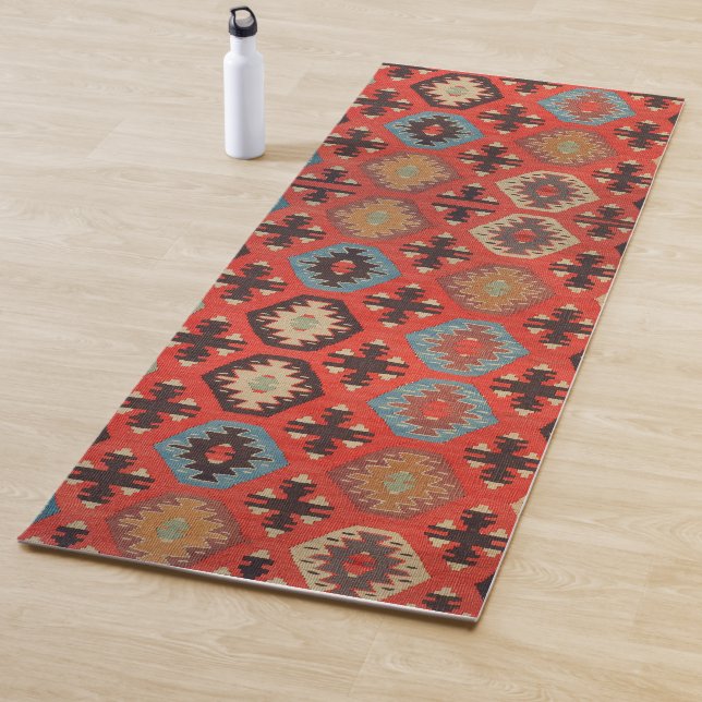 Antique Oriental Orange Red Kurdish Kilim  Yoga Mat (In Situ)