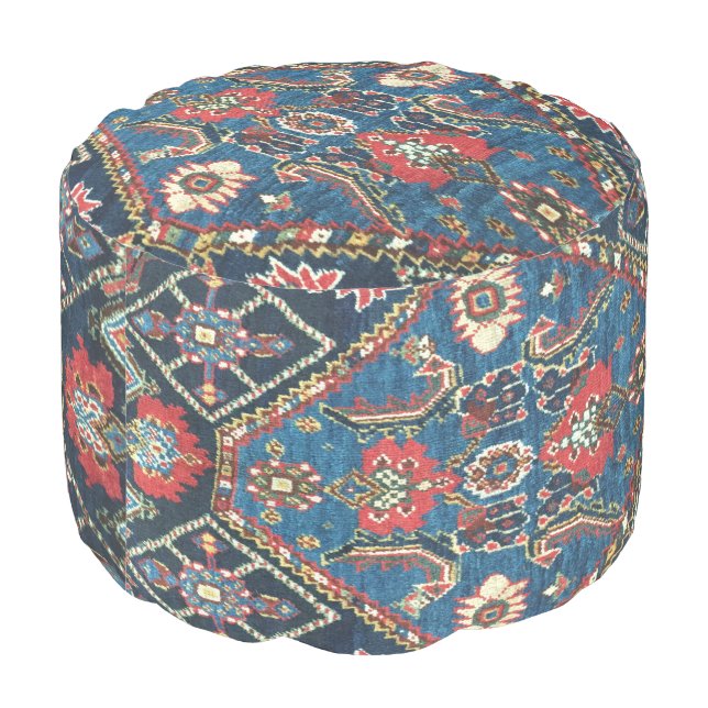 Antique Oriental  Persian Turkish Carpet, Blue Pouf (Angled Back)