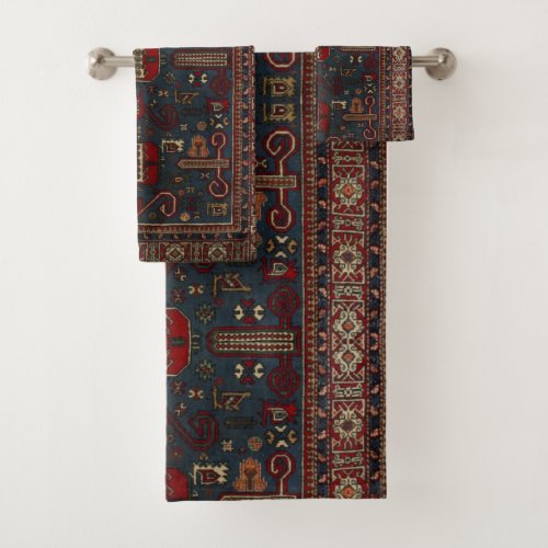 Antique Oriental Red Slate Grey Persian Carpet Bath Towel Set