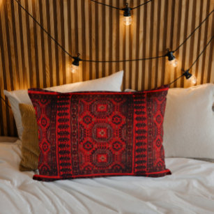 Antique Oriental rug design in red -ethnic  Lumbar Pillow