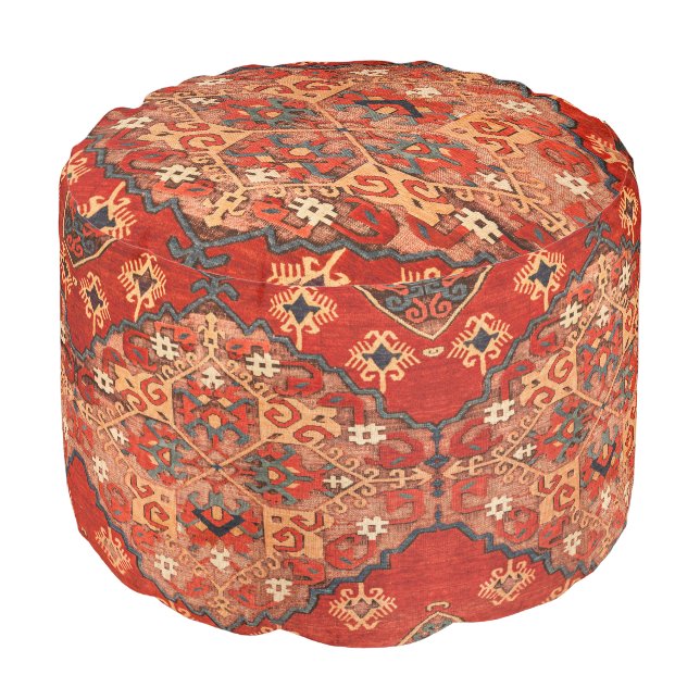 Antique Oriental Rusty Red Turkish Kilim Rug  Pouf (Angled Front)