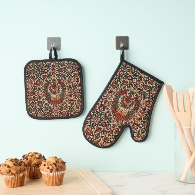 Antique Oriental Turkish Persian Carpet Rug Oven Mitt & Pot Holder Set (Insitu(Hanging))