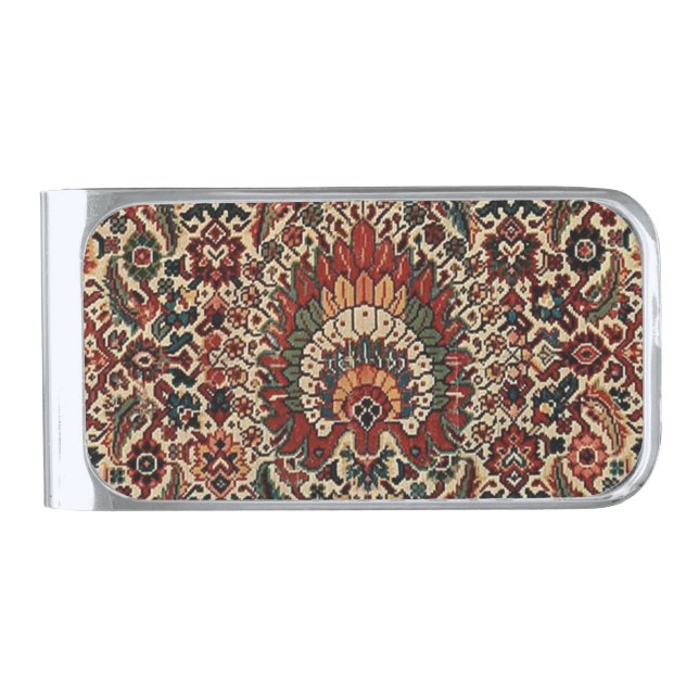 Antique Oriental Turkish Persian Carpet Rug Silver Finish Money Clip (Front)
