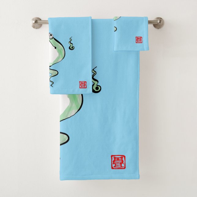 Antique Origin Story Grumpy Frog Japanese Toad Bath Towel Set (Insitu)