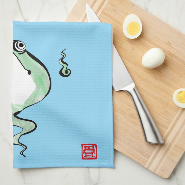 Antique Origin Story Grumpy Frog Japanese Toad Kitchen Towel (Quarter Fold)