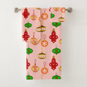 Antique Ornament Pattern in Red, Green and Pink Bath Towel Set