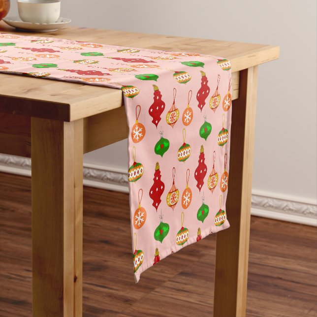 Antique Ornament Pattern in Red, Green and Pink Short Table Runner (In Situ)